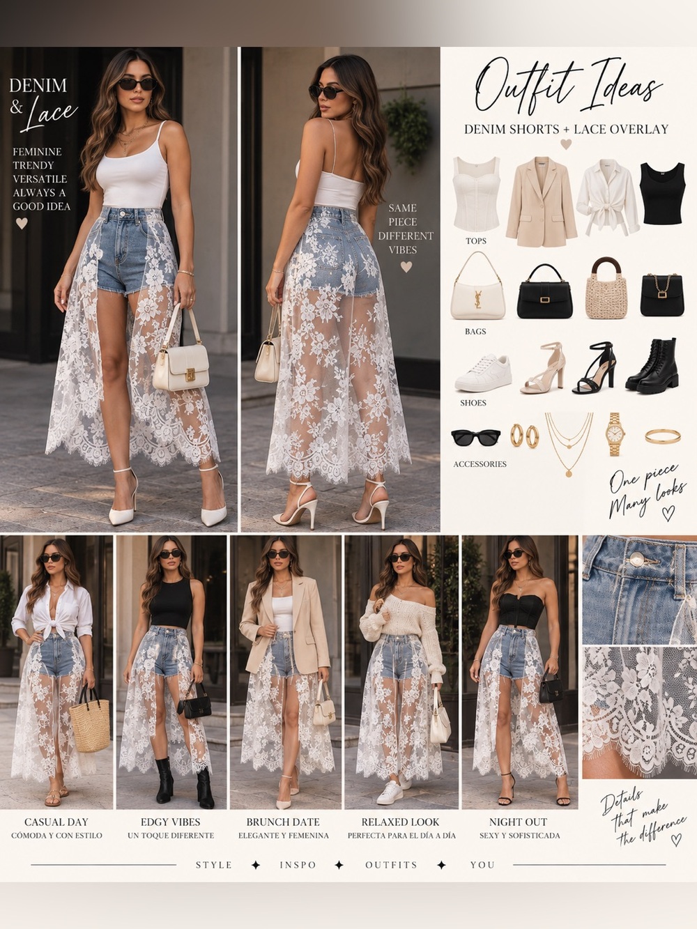 Lace Overlay Denim High-Waist Maxi Skirt - White Lace